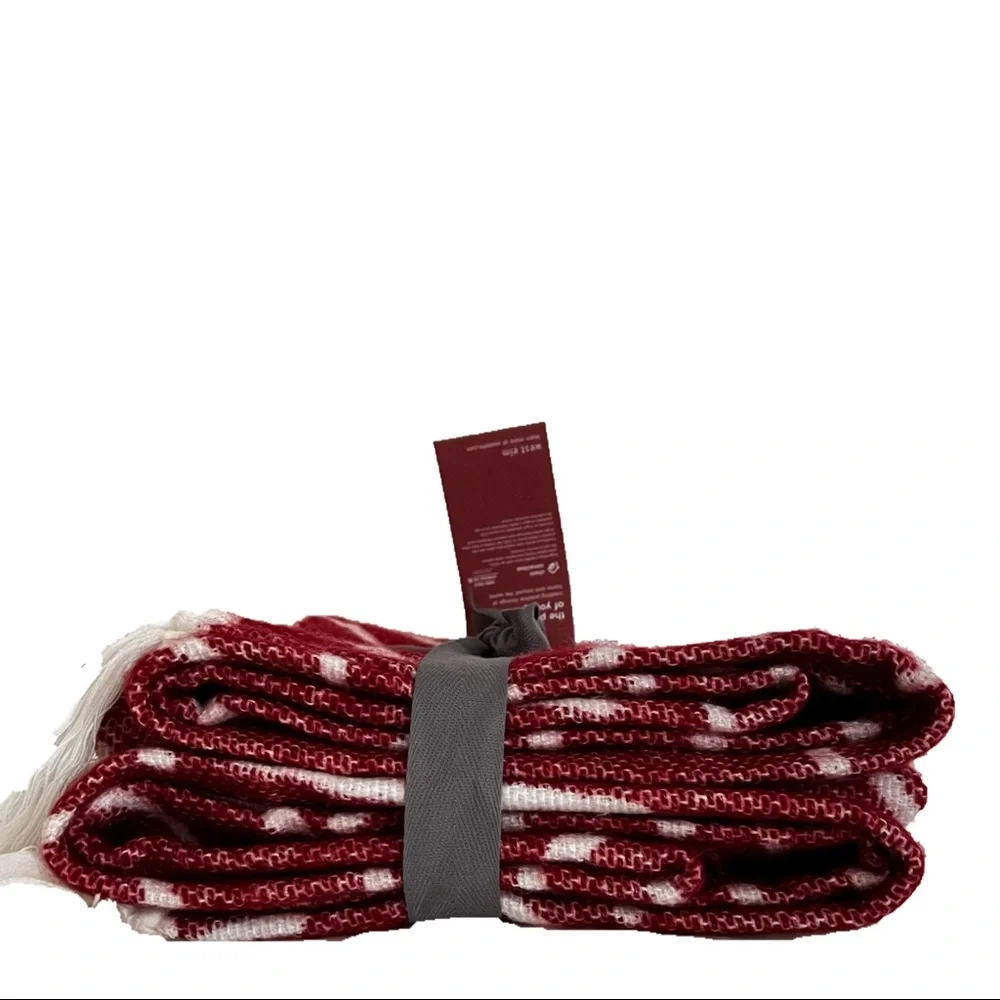 West Elm Red & White Line Pattern Fringe Knit Throw Blanket Size 50” x 60”